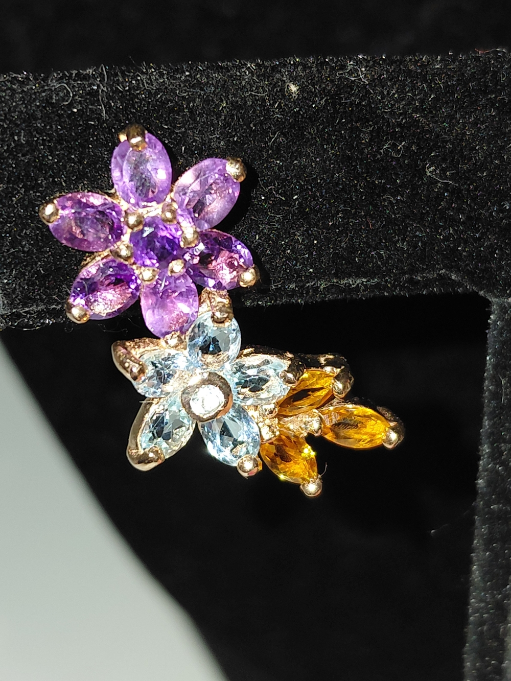 Floral Multi-Gem Cluster Climbing Post Earrings -Amethyst, Blue Topaz & Citrine. - Picture 4 of 6